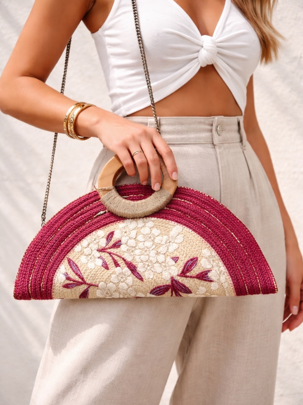 Women’s Half-Moon Straw Shoulder Bag in Magenta and Natural